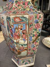 A large Chinese hexagonal famille rose vase, 19th C.